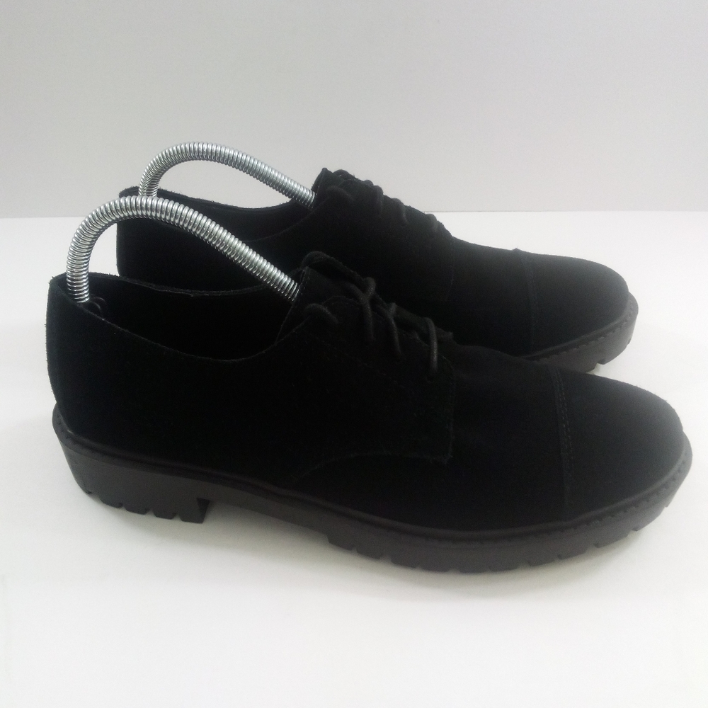 Lucky Brand Ibira Women 9.5 Lace Up Cap Toe Platform Lug Black Suede Work Shoes